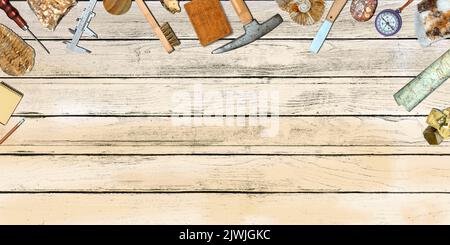 Topview of Set Fieldwork Geology Tools on Table Background Stockfoto