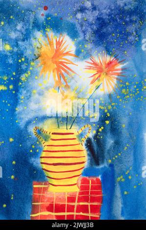 Kinder diy Aquarellzeichnung auf strukturiertem Papier - Vase mit Blumenstrauß leuchtend blühende Chrysantheme-Blumen in voller Blüte als festlicher Gruß oder Feuerwerk Stockfoto