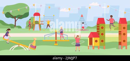 Kinder parken Karussells, Schaukeln und Spielmodule mit Rutschen Stock Vektor