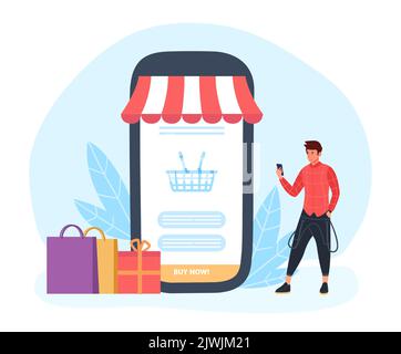 Online-Shopping, Mann, der Artikel auf dem Smartphone wählt Stock Vektor