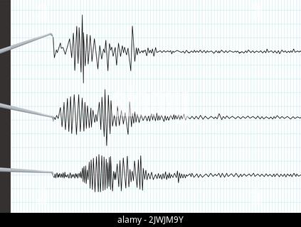 Erdbeben seismische Wellen Linien auf Seismograph Graph Papier. Stock Vektor