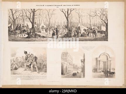 Kosakenlager auf den Champs-Élysées in Paris im Jahr 1814 und Blick auf Paris. Minster, A.E. (Petersburg ? ; Zakład litograficzny ; fl. Ca 1850-1870), Lithographie-Atelierin, Timm, Georg Wilhelm (1820-1895), Grafiker, Sauerweid, Alexander (1783-1844), Maler Stockfoto