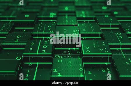 Blockchain-Internet-Technologien. Big Data mit Binärcode. Informationstechnologie, digitaler Datenstrom. Datenanalyse. Quantencomputer-Konzept. 3D Abb. Stockfoto