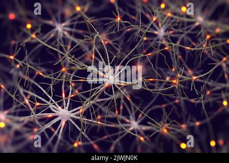 Gehirn unter dem Mikroskop 3D Illustration. Neuronale Verbindungen, neuronales Netzwerk, elektrische Impulse im Gehirn Stockfoto