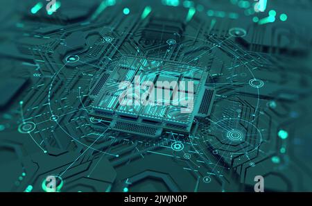Künstliche Intelligenz. Quantenprozessor, CPU, futuristische Computerschaltung. High-Tech-Cyberspace. Realistische Abbildung 3D Stockfoto