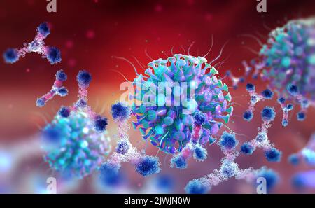 Virenschutz. Antikörper und Virusinfektion. Immunabwehr des Körpers. Angriff auf Antigene 3D Illustration Stockfoto