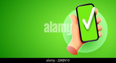 die niedliche 3D-Hand hält das Smartphone und setzt ein Häkchen auf dem Bildschirm. Vektorgrafik Stock Vektor