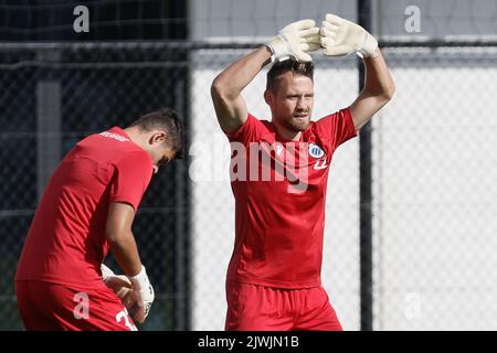 Brügge, Belgien, 06. September 2022, Clubtorwart Simon Mignolet im Bild während eines Trainings des belgischen Fußballteams Club Brugge KV, Dienstag, 06. September 2022 in Brügge, zur Vorbereitung des morgigen Spiels gegen den Deutschen Bayer 04 Leverkusen am Eröffnungstag der UEFA Champions League Gruppenphase. BELGA FOTO BRUNO FAHY Stockfoto