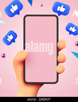 Niedliche Cartoon-Hand hält Handy mit Likes Benachrichtigungssymbole. Social Media und Marketing Konzept. Vektorgrafik Stock Vektor