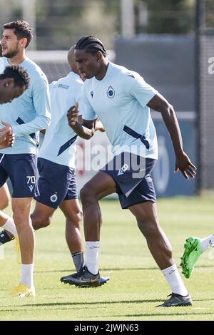 Brügge, Belgien, 06. September 2022, Club's Ebeguowen Otasowie im Rahmen einer Trainingseinheit des belgischen Fußballteams Club Brugge KV, Dienstag, 06. September 2022 in Brügge, zur Vorbereitung des morgigen Spiels gegen den Deutschen Bayer 04 Leverkusen am Eröffnungstag der UEFA Champions League Gruppenphase. BELGA FOTO BRUNO FAHY Stockfoto