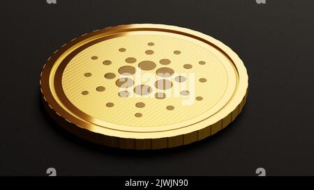 Cardano ADA Kryptomünze in Form einer goldenen Metallmünze auf schwarzem Hintergrund. 3D Illustration des beliebten Kryptowährungssymbols. Stockfoto