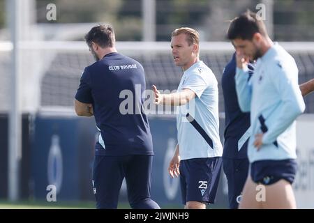 Brügge, Belgien, 06. September 2022, der Cheftrainer des Clubs Carl Höfkens und der Klub Ruud Vormer im Bild während einer Trainingseinheit des belgischen Fußballvereins Club Brügge KV, Dienstag, 06. September 2022 in Brügge, Zur Vorbereitung des morgigen Spiels gegen den Deutschen Bayer 04 Leverkusen am Eröffnungstag der UEFA Champions League Gruppenphase. BELGA FOTO BRUNO FAHY Stockfoto