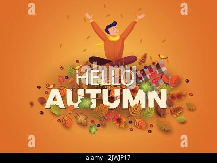 hallo Herbst stilvolle Hintergrund schmücken mit Blättern und Früchten. Web-Banner. Vektorgrafik Poster Vorlage Design. Stock Vektor