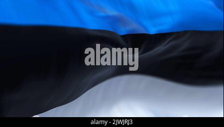 Nahaufnahme der estnischen Nationalflagge, die im Wind winkt. Estland ist ein Land in Nordeuropa. Texturierter Hintergrund aus Stoff. Selektiver Fokus Stockfoto
