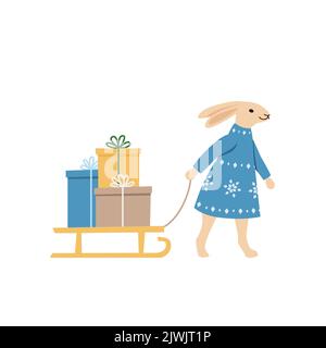 Kaninchen mit Geschenken. Frohe Weihnachten und Glückwünsche zum neuen Jahr. Happy Bunny nimmt an saisonalen Verkauf im Geschäft, Shop, Mall und online Stock Vektor