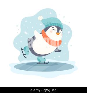 Pinguinskaten. Wintercharakter mit Hut und Schal Schlittschuhe auf Eisbahn. Niedliche saisonale Vektor-Illustration in flachen Cartoon-Stil Stock Vektor