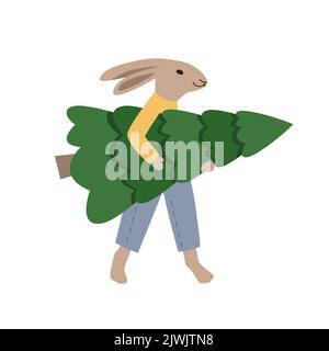 Bunny trägt großen Weihnachtskiefer. Frohe Weihnachten und Glückwünsche zum neuen Jahr Stock Vektor