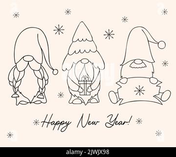 Lineare Kollektion niedliche Gnome für Neujahr. Wintergnome mit weihnachtsbaum, Geschenk und Holzschild. Vektorgrafik. Handzeichnung im Doodle-Stil Stock Vektor