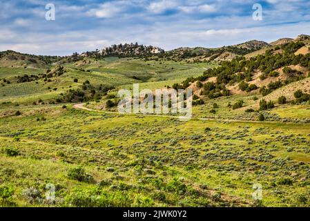 Two Mile Hill Road (BLMR 1435), Crossing Rangeland near Castle Gardens Scenic Area, Bighorn Basin, near town of Ten Sleep, Wyoming, USA Stockfoto