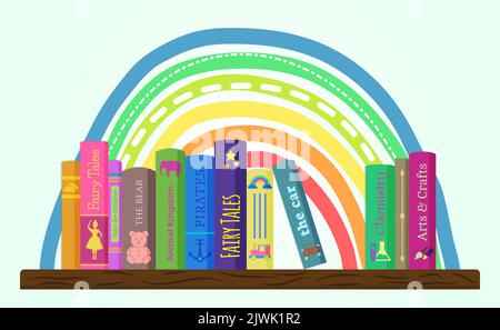 Lustiges Buch Illustration Design für Kinder mit Regenbogen. Kinder Bücherregal oder Bücherregal mit Bücher Banner Hintergrund Stock Vektor
