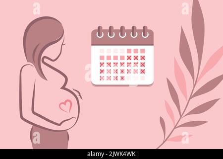 Schwanger Frau Mädchen mit Baby Bauch und Kalender Illustration Stock Vektor