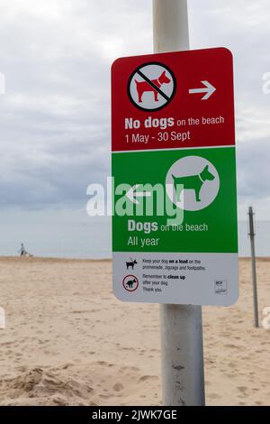 Schild/Hinweis am Strand von Bournemouth, das ganze Jahr über keine Hunde am Strand und keine Hunde am Strand Stockfoto