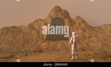 Explorer entdeckt eine fremde Struktur auf einem anderen Planeten Stockfoto