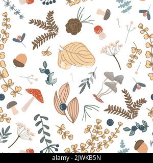 Im Herbst mit nahtlosem Blumenmuster. Beeren, Blätter, Brunches und Pilze. Niedlicher Vintage-Hintergrund für Textilien, Stoffe, Papier, Tapeten. Vektor Stock Vektor