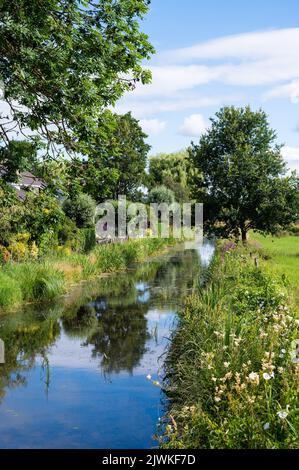 Creek rund um das Dorf Zwolle, Gelderland, Niederlande mit grünen Bäumen, die sich gegen den blauen Himmel spiegeln Stockfoto