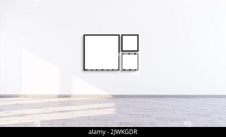 Drei leere quadratische schwarze Rahmen in einem weißen Raum, 3D Abbildung weiße Wand mit Rahmen für Galerie Wand mockup. Stockfoto