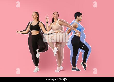 Lächelnd ruhige schlanke schwarze und arabische junge Damen Athleten in Sportbekleidung, übergewichtige Frauen umgezogen, genießen das Training Stockfoto