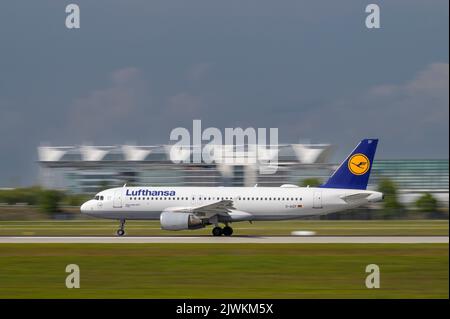München, Deutschland - August 26. 2022 : Lufthansa Airbus A320-214 mit der Flugzeugzulassung D-AIZF startet auf der Südbahn 26L der Muni Stockfoto