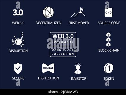 Web 3,0-Vektorsymbol in flachem Design und dunklem Modus Stock Vektor