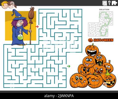 Cartoon Illustration von pädagogischen Labyrinth Puzzle-Spiel mit Hexe und Jack o'latern Kürbisse auf Halloween Zeit Stock Vektor