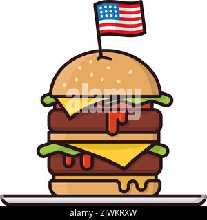 Double Cheeseburger mit US-Flagge gefüllt Umriss Stil isoliert Vektor-Illustration. Amerikanisches Fastfood-Symbol. Stock Vektor
