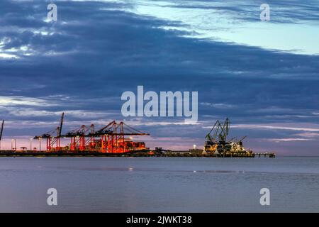 Jade-Weser-Port, Containerterminal in Wilhelmshafen, Umschlag eines großen Containerschiffes (links und ein Stückgutschiff (rechts) Stockfoto