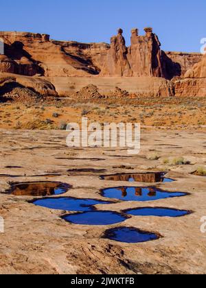 Die drei Gerüchte spiegeln sich in ephemeren Regenwasserbecken im Abschnitt Courthouse Towers, Arches National Park, Moab, Utah, wider. Stockfoto