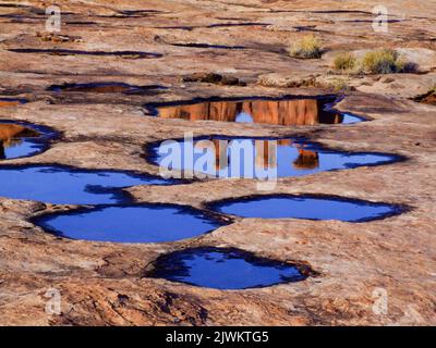 Die drei Gerüchte spiegeln sich in ephemeren Regenwasserbecken im Abschnitt Courthouse Towers, Arches National Park, Moab, Utah, wider. Stockfoto