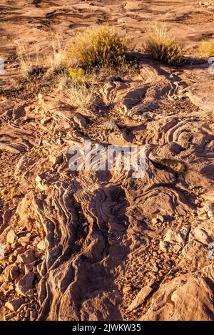 Verschachtelte Erosionsmuster im Nevajo-Sandstein von Courthouse Wash im Arches National Park, Moab, Utah. Stockfoto