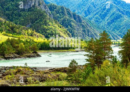 Landschaftlich schöner natürlicher Hintergrund, Berghänge bedeckten Herbstwald, Morgensonne beleuchtet Berggipfel. Schöne Herbstlandschaft, Blick auf die Berge Stockfoto