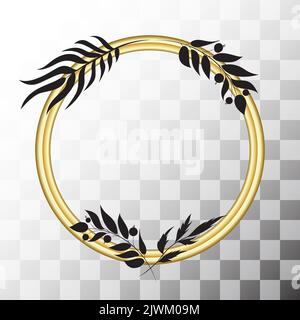 Gold runder Rahmen mit Blumen und Ästen für Bild isoliert auf transparentem Hintergrund. Platz für Bild, Malerei, Karte oder Foto. 3D Stock Vektor