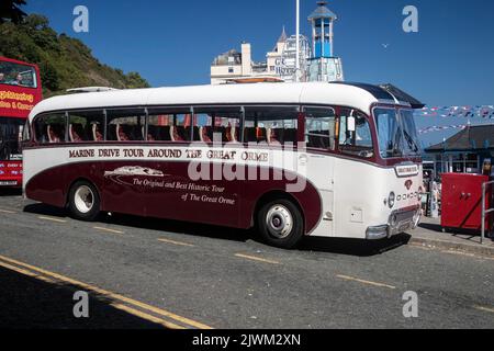 Der Vintage Leyland Britannia Tiger Cup Coach gegenüber dem Pier von Llandudno, der Touristen zum Sightseeing durch den Great Orme transportiert Stockfoto