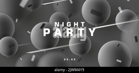 Monochrome Luftballons mit Konfetti, Night Club Party Promo Stock Vektor