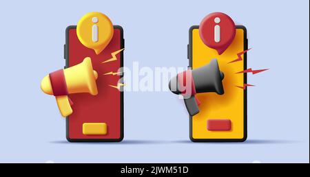 3D Symbol des Smartphones mit Megaphon und Info-Blase Stock Vektor