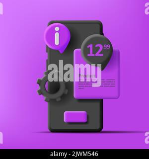 Smartphone Service 3D Symbol mit Zahnrad und Preisblase Stock Vektor