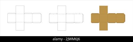 Quadratische Papierschachtel-Vorlage, Beschnittschema, um Paket zu machen, geometrisches Modelllayout öffnen, Vektorgrafik auf weißem Hintergrund. Stock Vektor