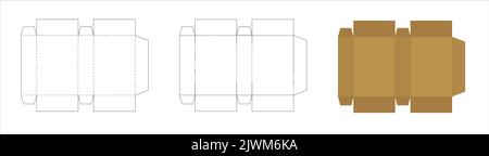 Rechteckige Papierschachtel-Vorlage, Beschnittschema, um Paket zu machen, offenes geometrisches Modelllayout, Vektorgrafik auf weißem Hintergrund. Stock Vektor