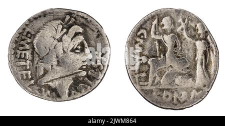 Denar. Caecilius Metellus, L. (fl. 96 A/C. ?), Geldbeamter, Postumius Albinus, A. (fl. 96 A/C. ?), Monetary Officer, Publicius Malleolus, C. (fl. 96 A/C. ?; 80 a.C.), Geldbeamter, Republika Rzymska, Emittent Stockfoto