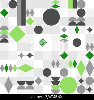 Hintergrund im Bauhaus-Stil der Mitte des Jahrhunderts. Nahtloses abstraktes geometrisches Muster. Vektor geometrische Formen grau und grün Design. Stock Vektor