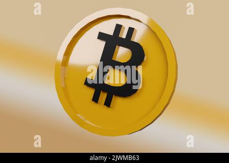 3D Bitcoin Goldmünze BTC.Bitcoin 3D Darstellung auf goldenem Hintergrund Stockfoto
